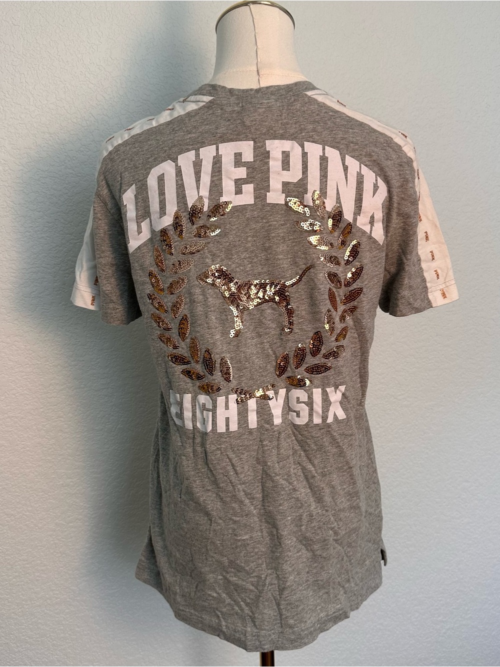 PINK Victoria's Secret Grey Tee with Gold Sequin Dog Emblem